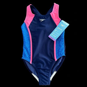 NWT Speedo Girls XS 5-6 Navy One Piece Racerback Swimsuit Swim Team Practice New